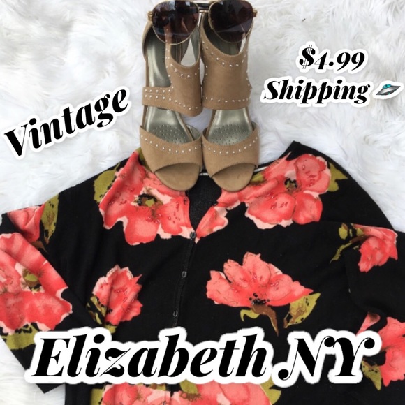 Elizabeth New York Sweaters - ELIZABETH New York Vintage Beaded Floral Print Cardigan size M EUC